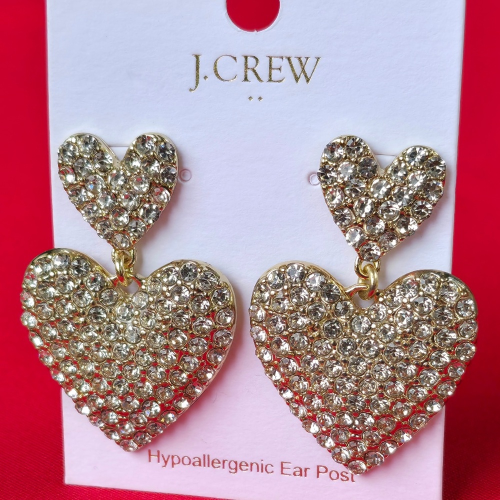 J.Crew Crystal Heart Drop Earrings Gold Tone Rhinestone Hypoallergenic NEW